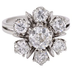 Vintage Mid Century French Diamond 18k White Gold Snowflake Ring