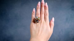 Mid-Century French Diamond and Gemstone 18k Yellow Gold Cocktail Ring