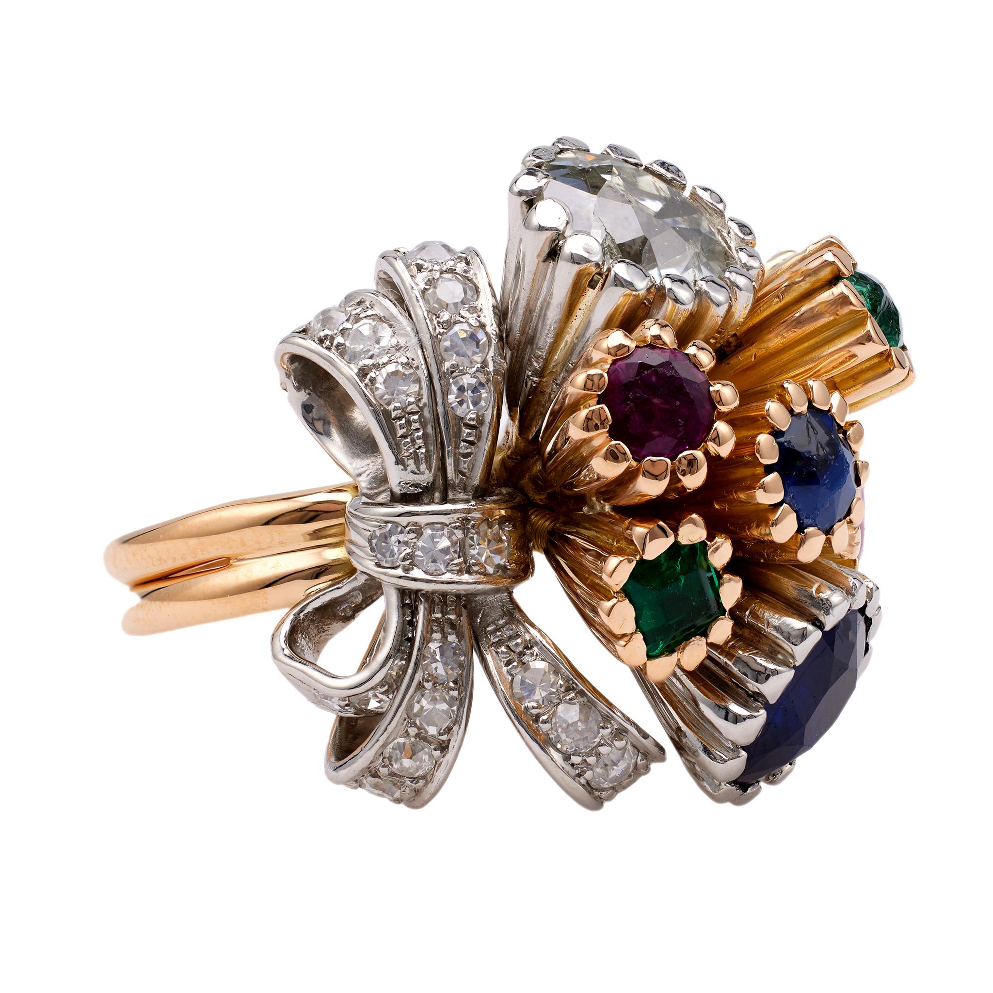Women's or Men's Mid-Century French Diamond and Gemstone 18k Yellow Gold Cocktail Ring