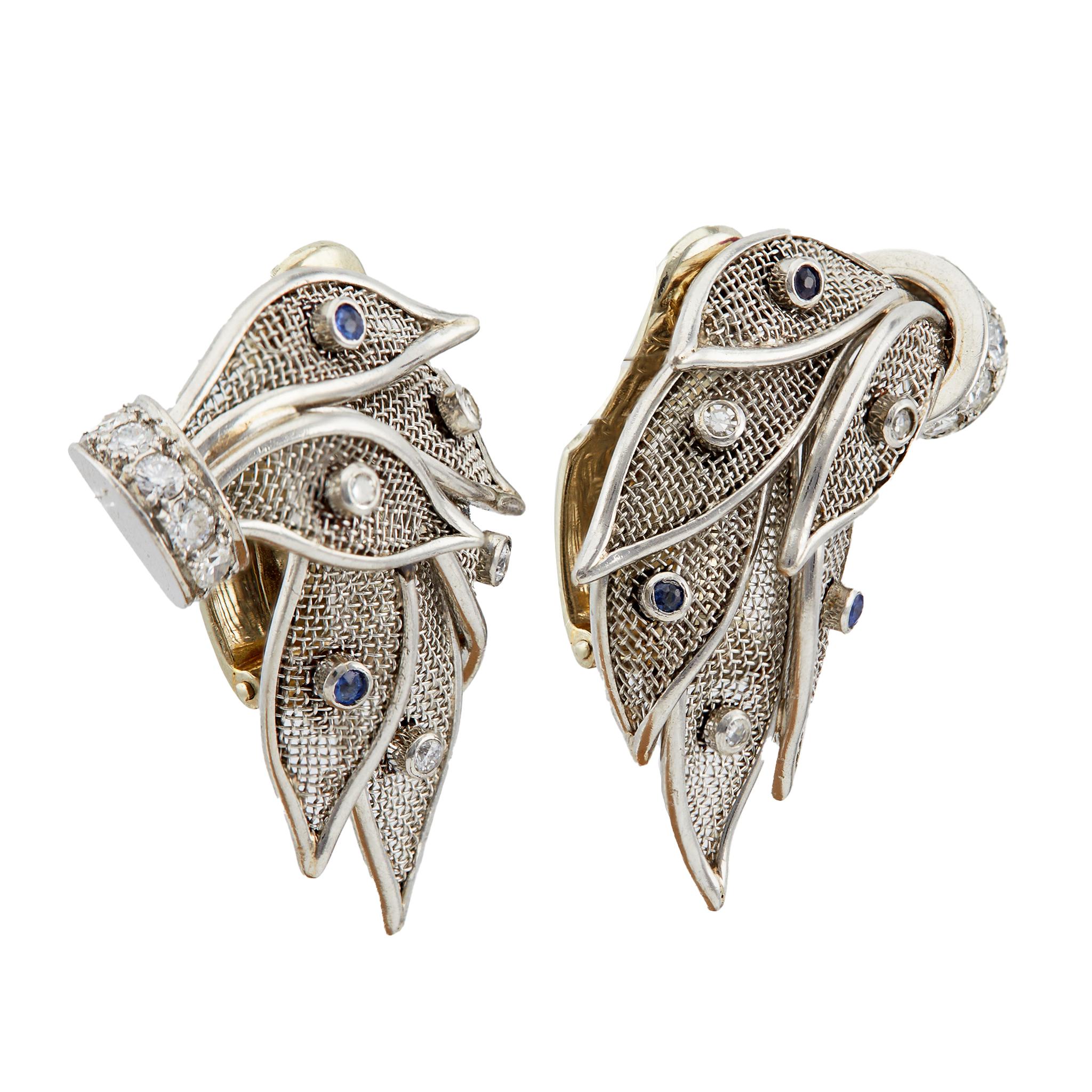 Women's or Men's Mid Century French Diamond and Sapphire Platinum Ear Clip Earrings