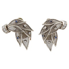 Mid Century French Diamond and Sapphire Platinum Ear Clip Earrings