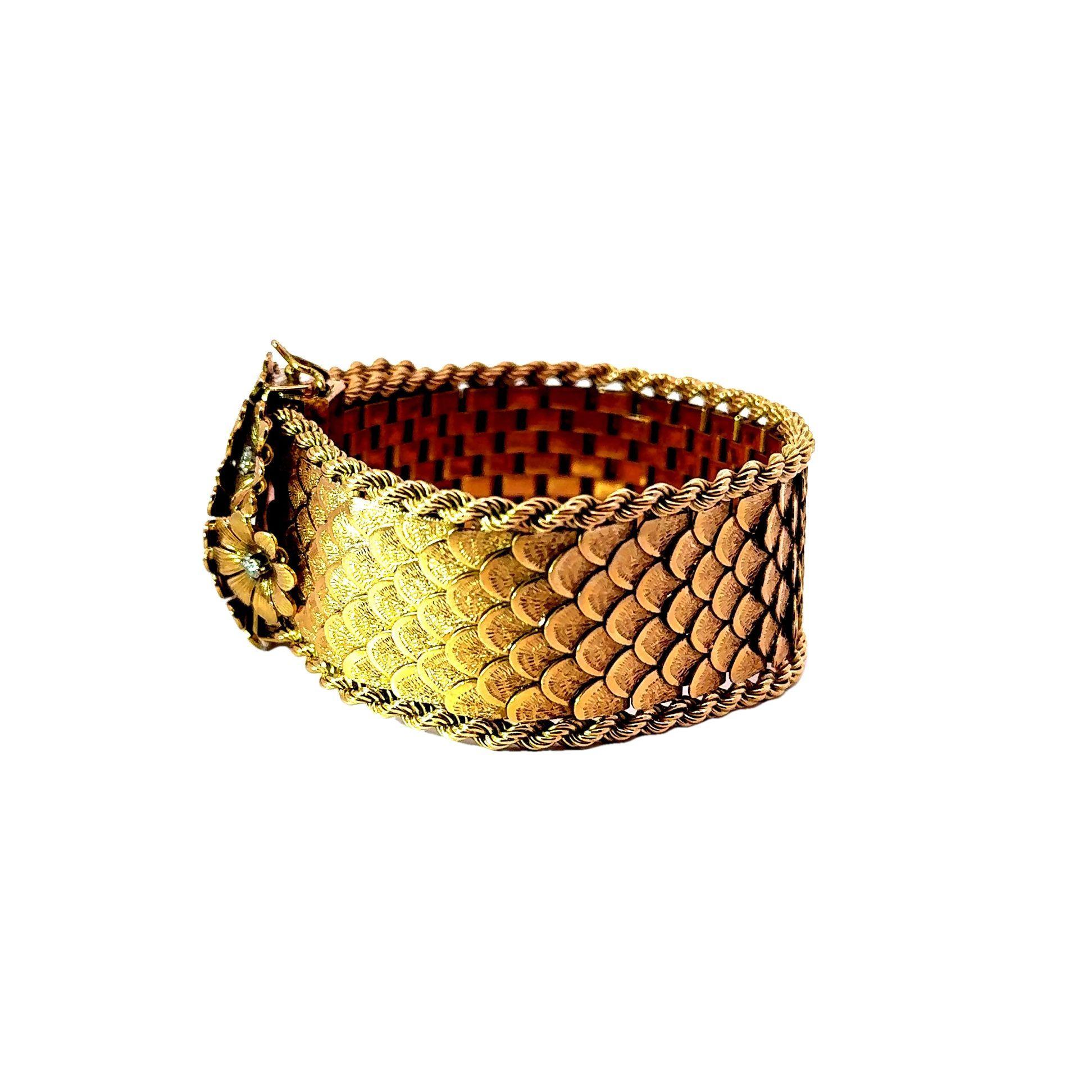 Contemporary Mid-Century French Diamond Flower 18k Gold Bracelet