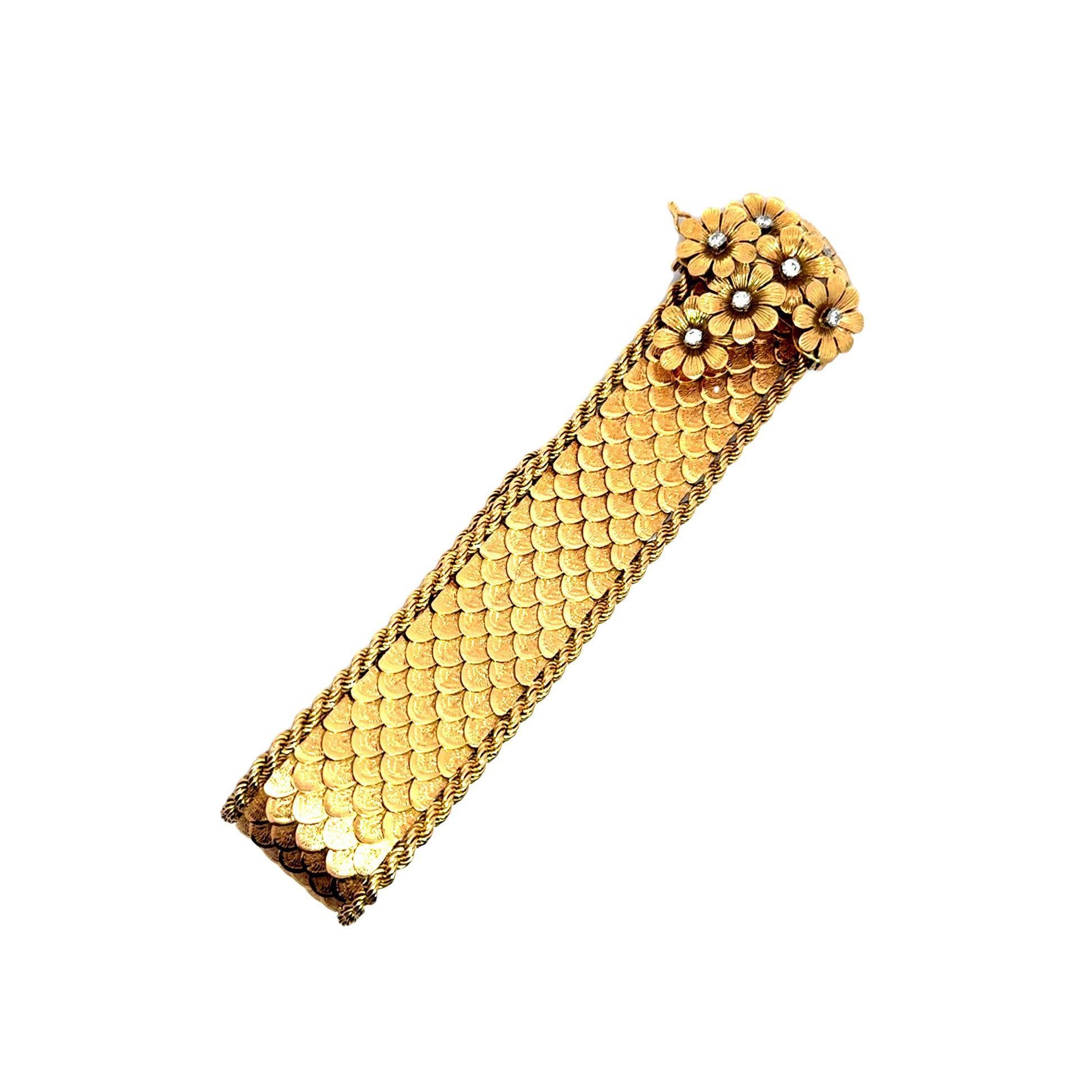 Mid-Century French Diamond Flower 18k Gold Bracelet 1