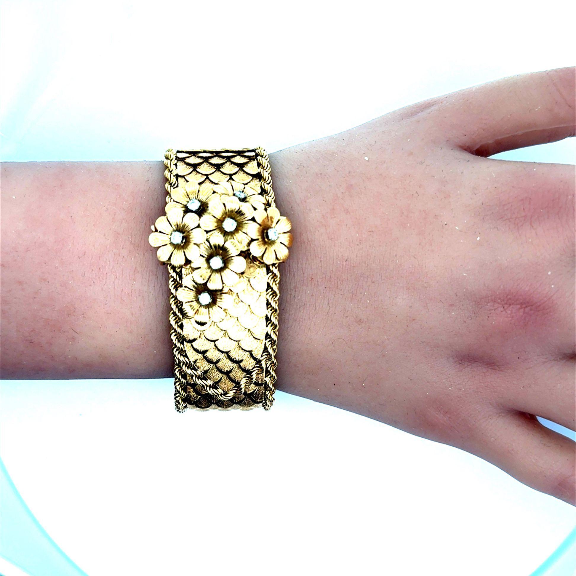 Mid-Century French Diamond Flower 18k Gold Bracelet 3