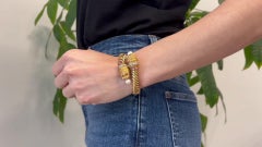 Mid-Century, French, Diamond Gemstone Enamel 18k Gold Lion Hinged Bracelet