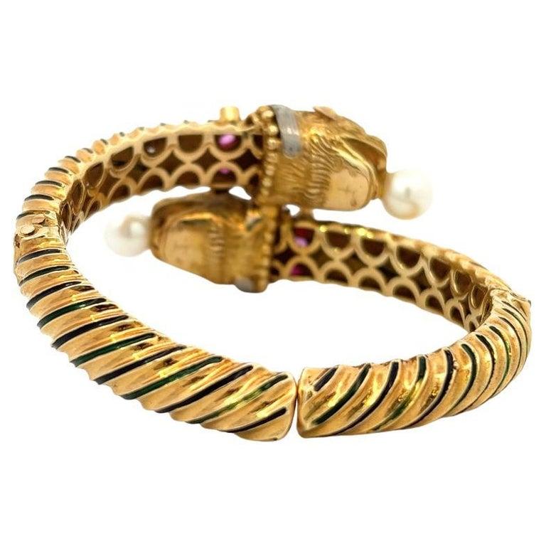 Mid-Century, French, Diamond Gemstone Enamel 18k Gold Lion Hinged Bracelet 1