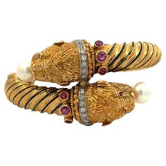 Vintage Mid-Century, French, Diamond Gemstone Enamel 18k Gold Lion Hinged Bracelet
