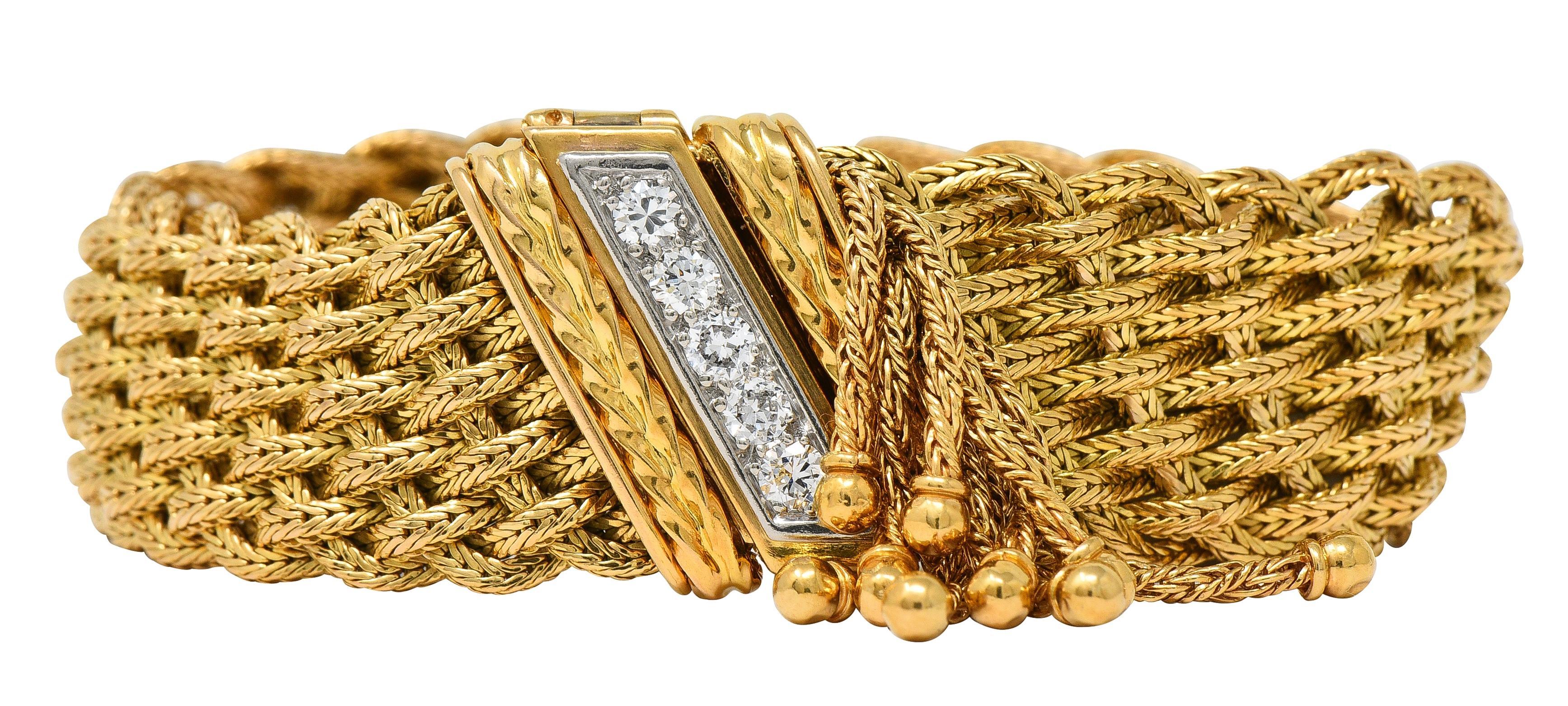 Bracelet du milieu du siècle en or jaune 18 carats, platine, diamant et houppe tressée en vente 5
