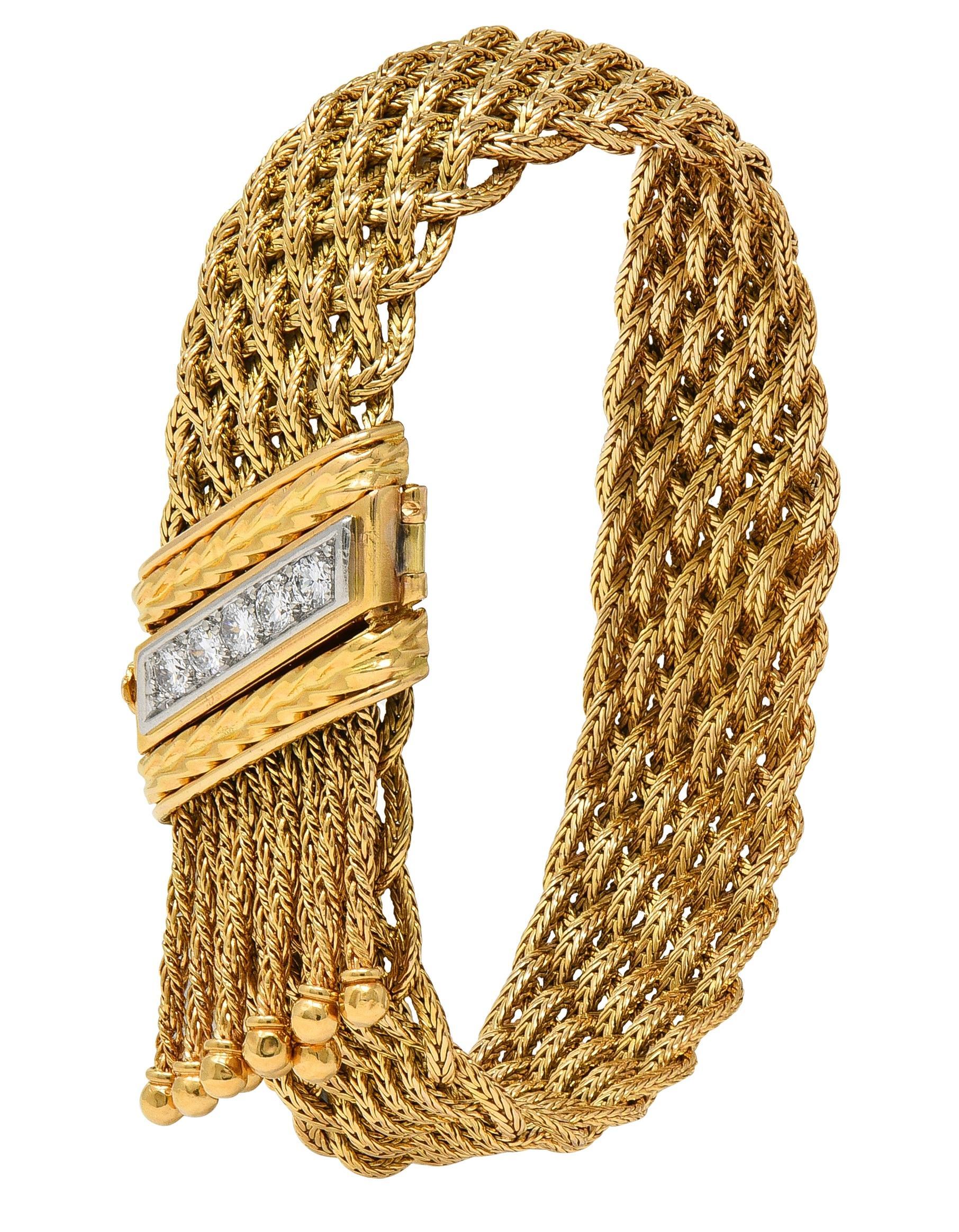 Taille ronde Bracelet du milieu du siècle en or jaune 18 carats, platine, diamant et houppe tressée en vente