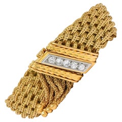 Mid-Century French Diamond Platinum 18 Karat Yellow Gold Woven Tassel Bracelet