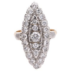 Mid Century French Diamond Platinum 18k Yellow Gold Navette Ring