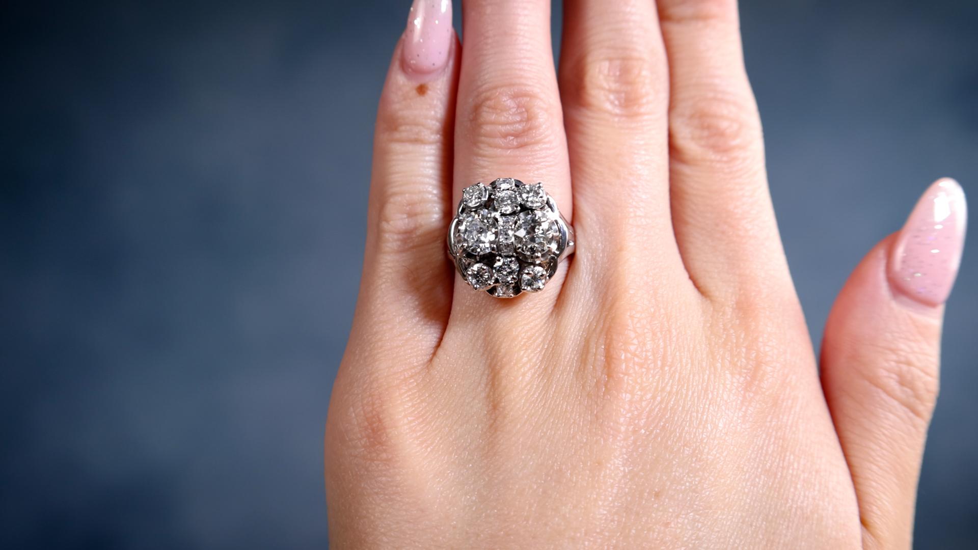Brilliant Cut Mid-Century French Diamond Platinum Cocktail Ring For Sale