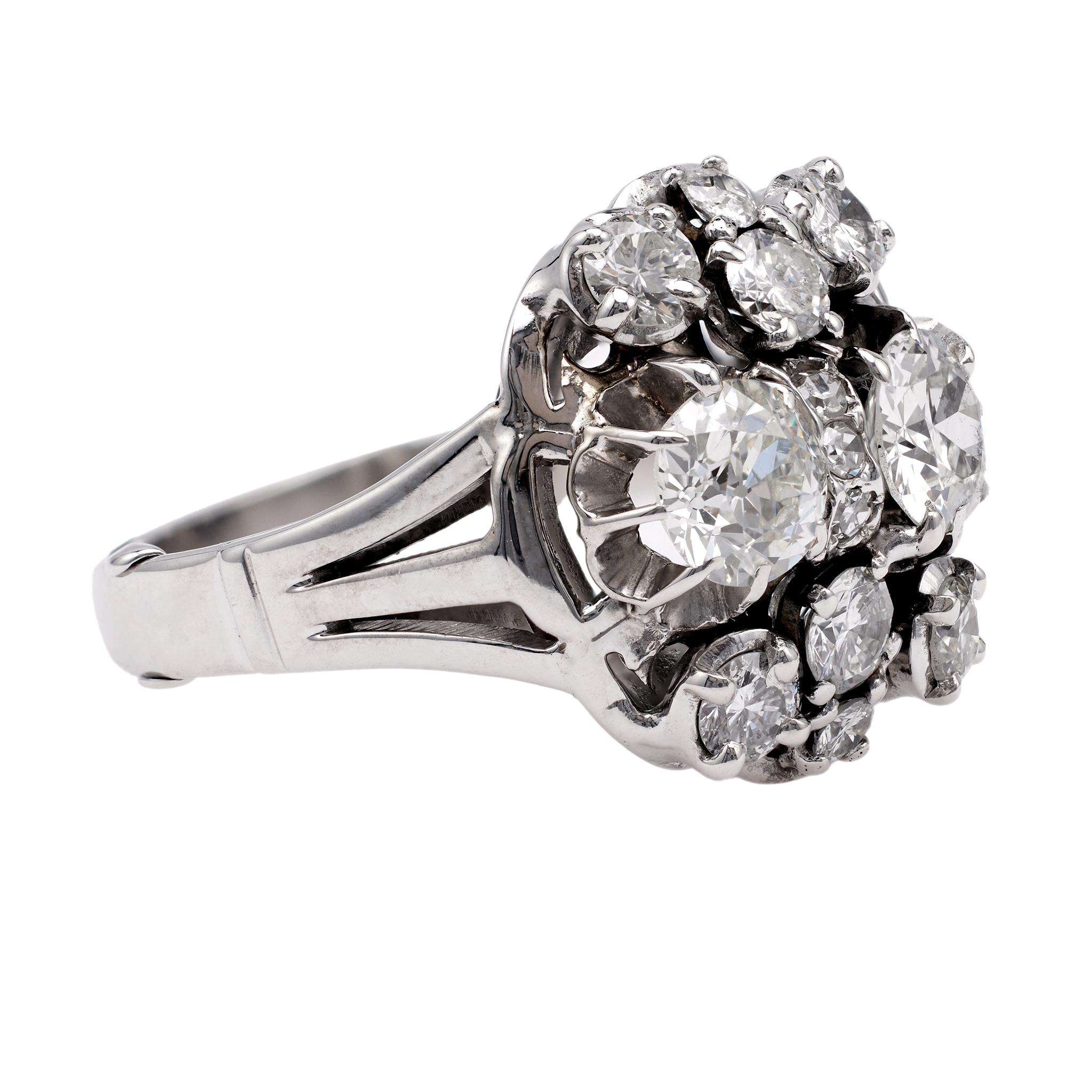 Women's or Men's Mid-Century French Diamond Platinum Cocktail Ring For Sale