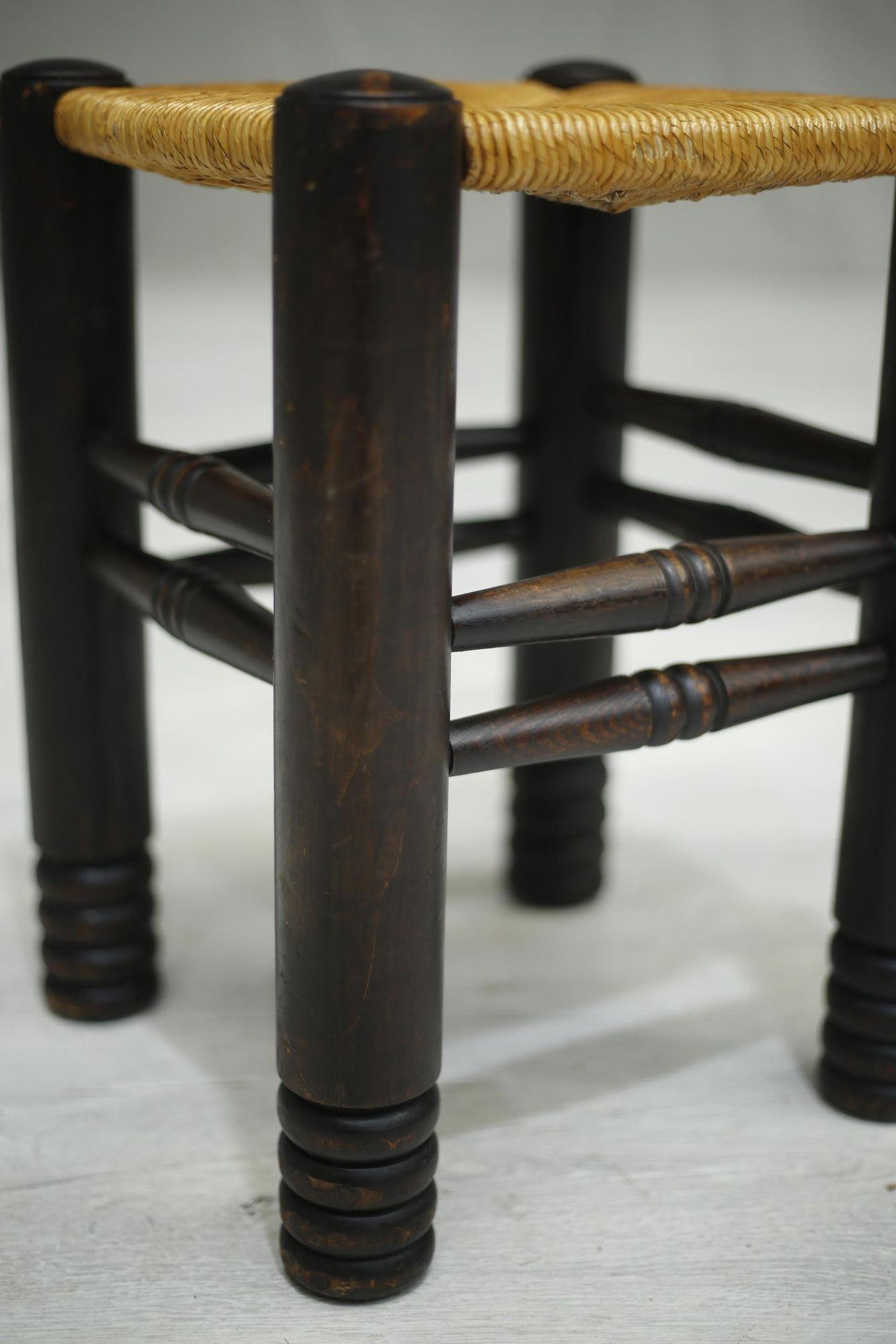 Beech Mid century French ebonised and rush seated stool