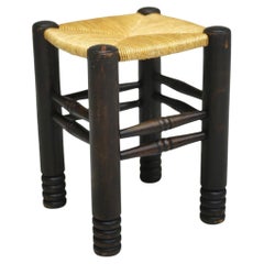 Mid century French ebonised and rush seated stool