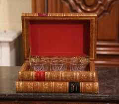Mid-Century French Embossed Leather Bound Book Box with Six Old Fashion Glasses