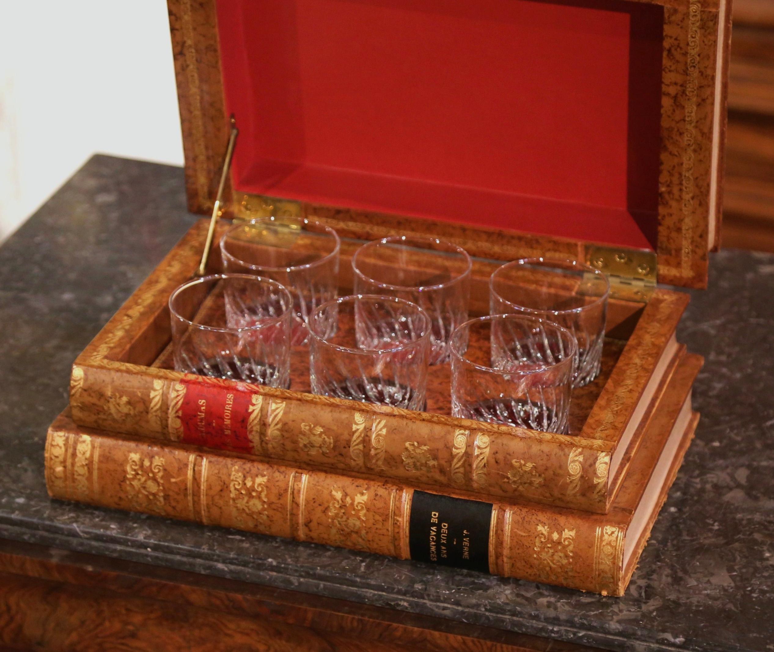20th Century Mid-Century French Embossed Leather Bound Book Box with Six Old Fashion Glasses