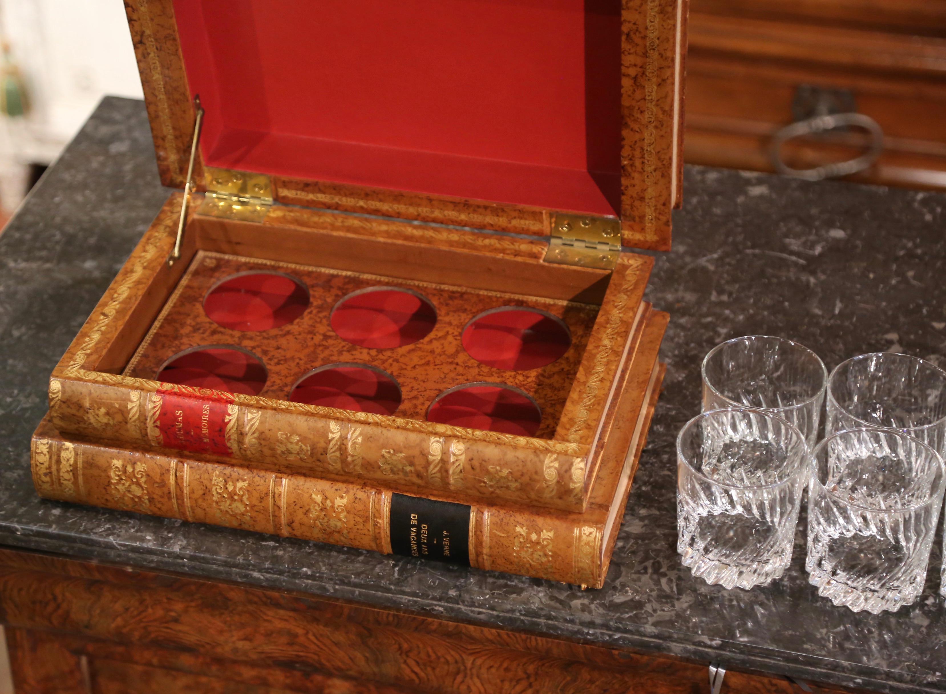 Mid-Century French Embossed Leather Bound Book Box with Six Old Fashion Glasses 3