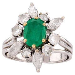 Mid Century French Emerald Diamond 18K White Gold Spray Cluster Ring