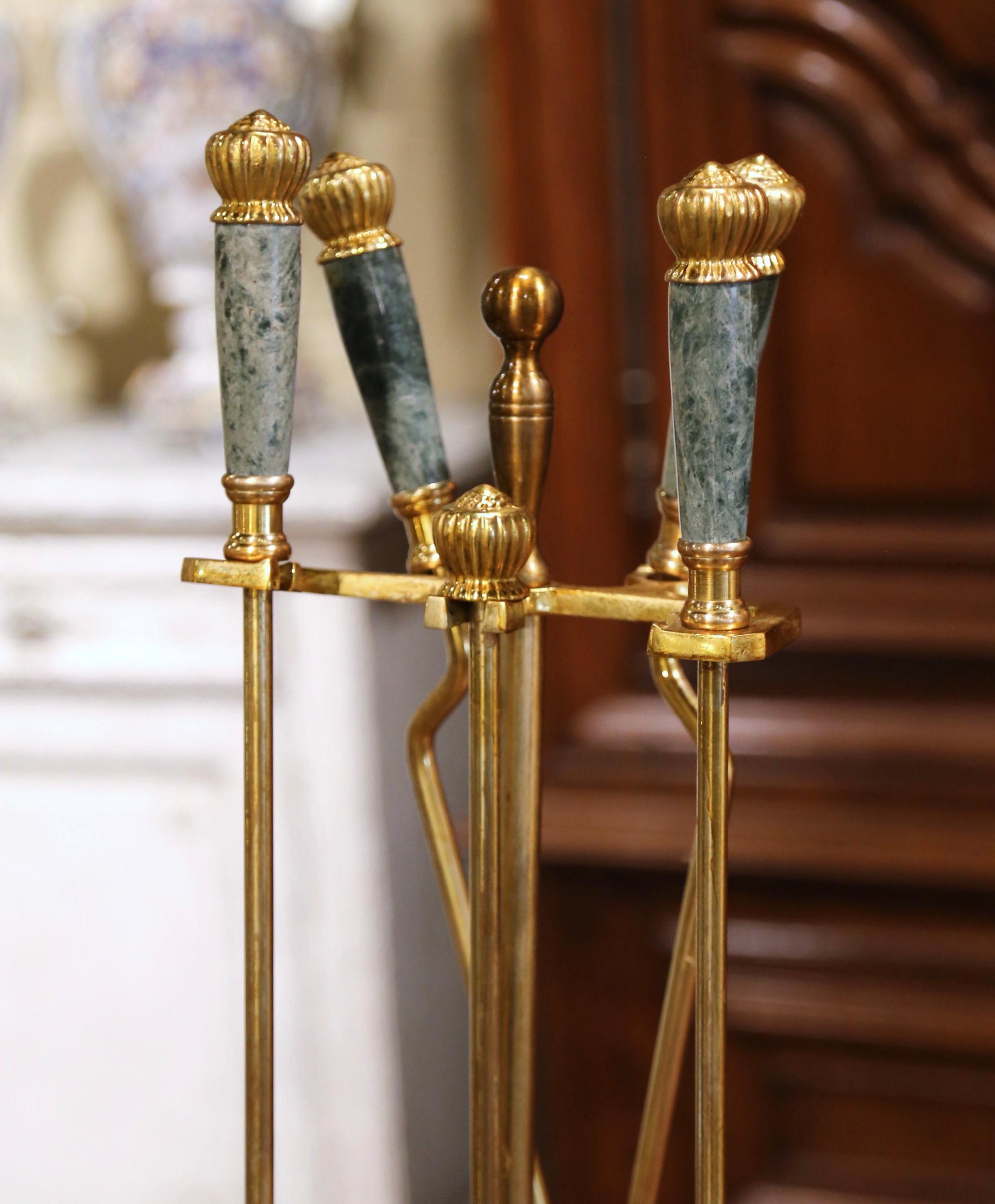 Hand-Crafted Mid-Century French Empire Brass and Green Marble Fireplace Tool Set with Stand