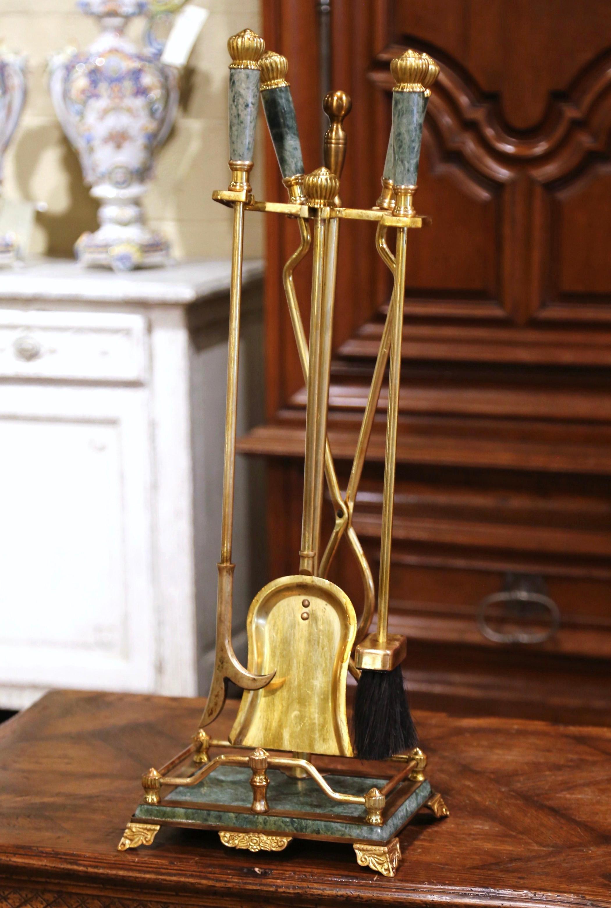 Mid-Century French Empire Brass and Green Marble Fireplace Tool Set with Stand In Excellent Condition In Dallas, TX
