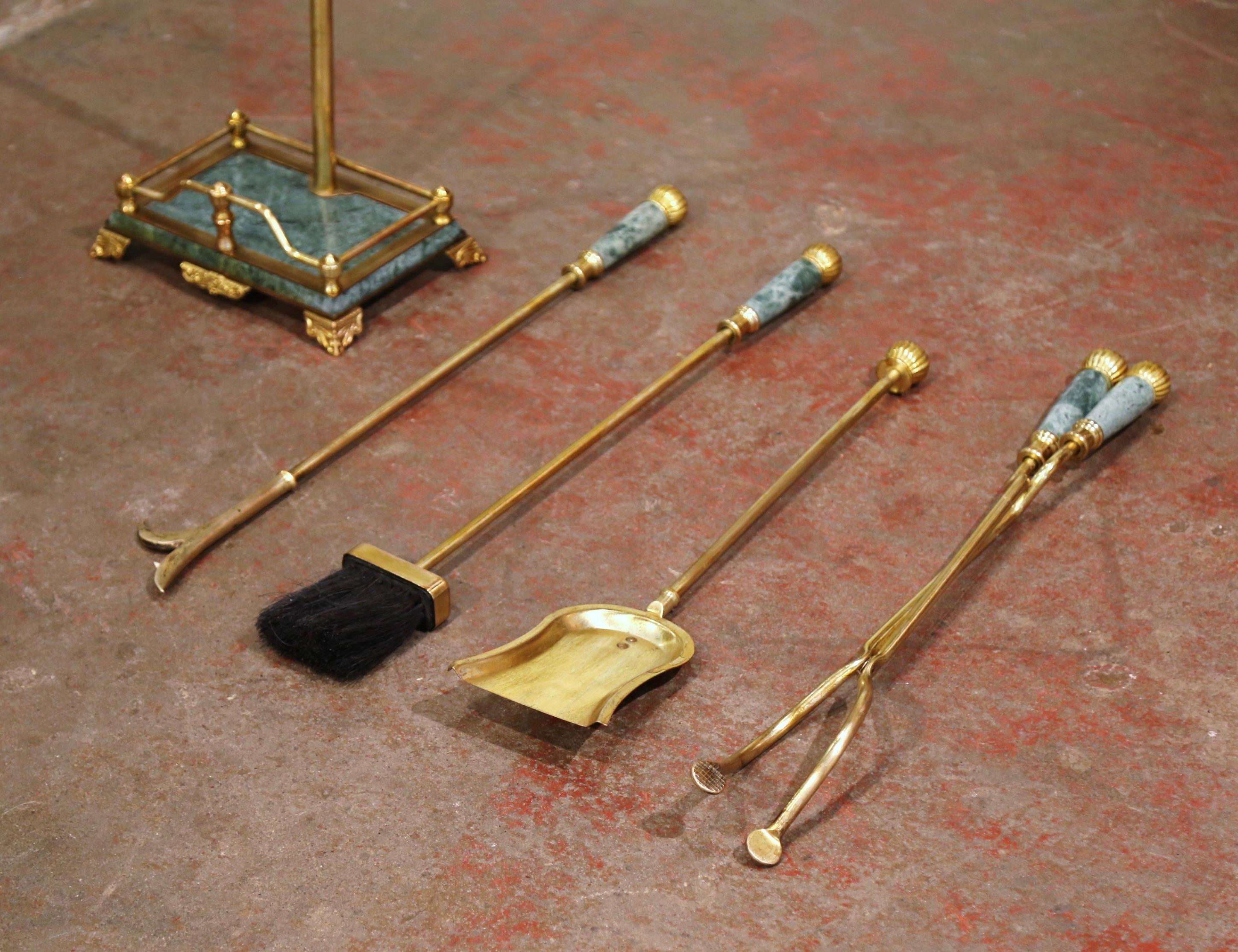 20th Century Mid-Century French Empire Brass and Green Marble Fireplace Tool Set with Stand