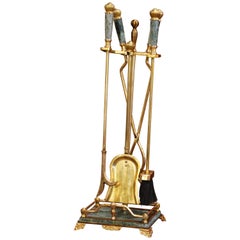 Mid-Century French Empire Brass and Green Marble Fireplace Tool Set with Stand