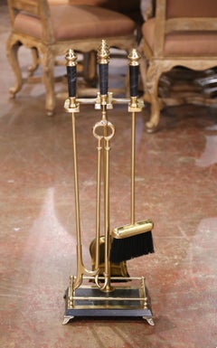 Mid-Century French Empire Brass and Marble Fireplace Five-Tool Set on Stand