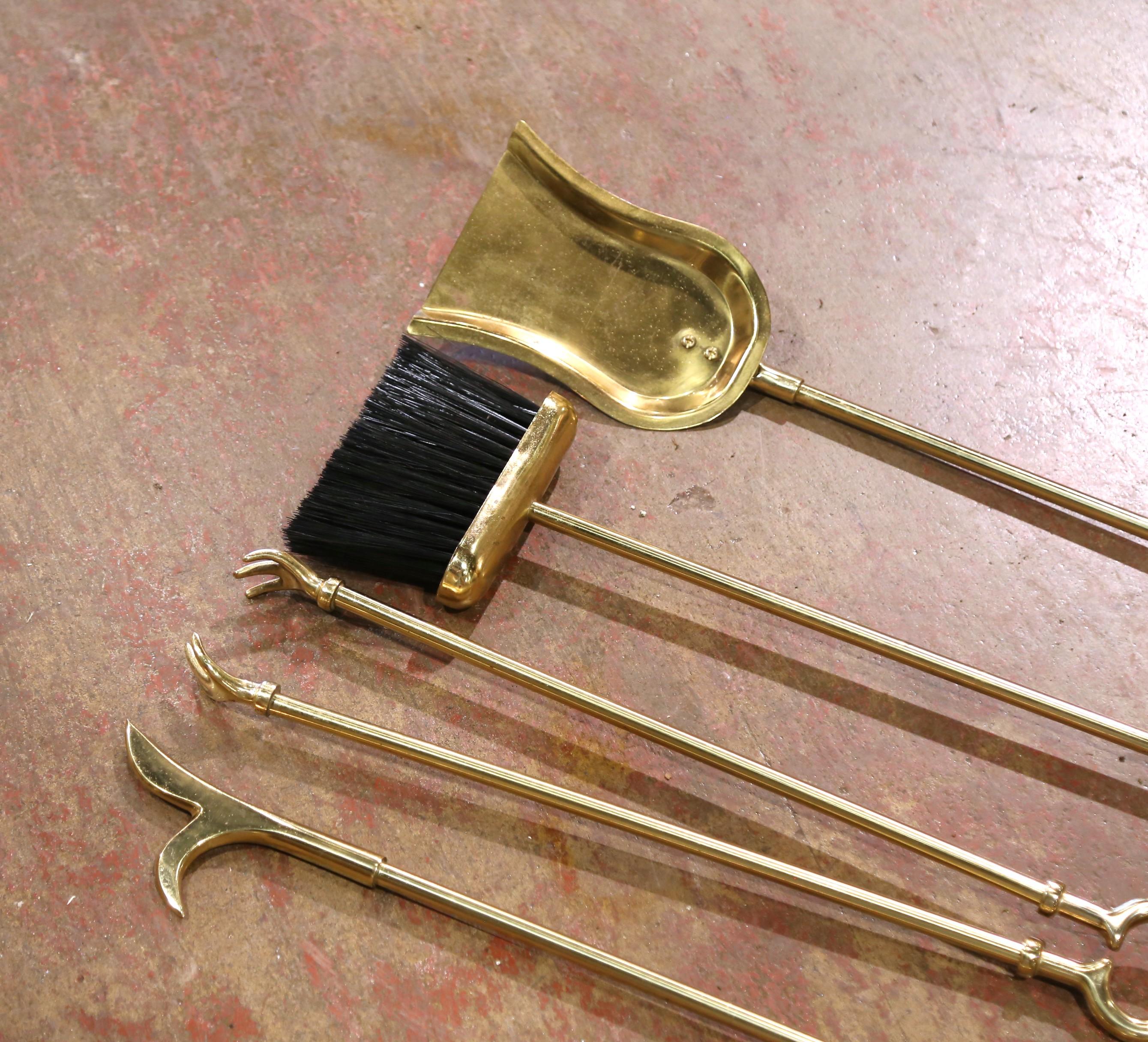 Ottone Set di cinque utensili per caminetto in ottone e marmo dell'Impero francese di metà secolo su supporto in vendita