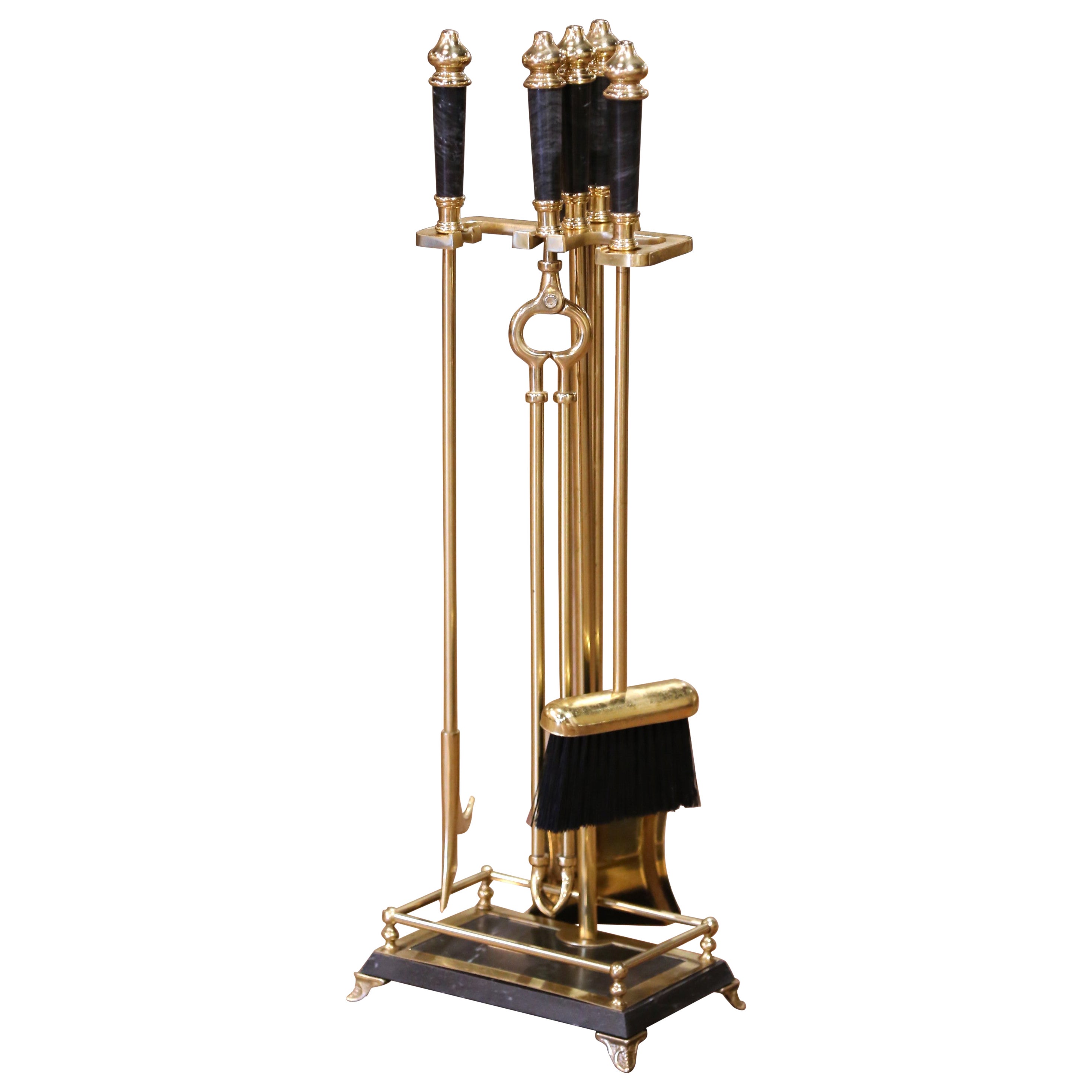 Mid-Century French Empire Brass and Marble Fireplace Five-Tool Set on Stand