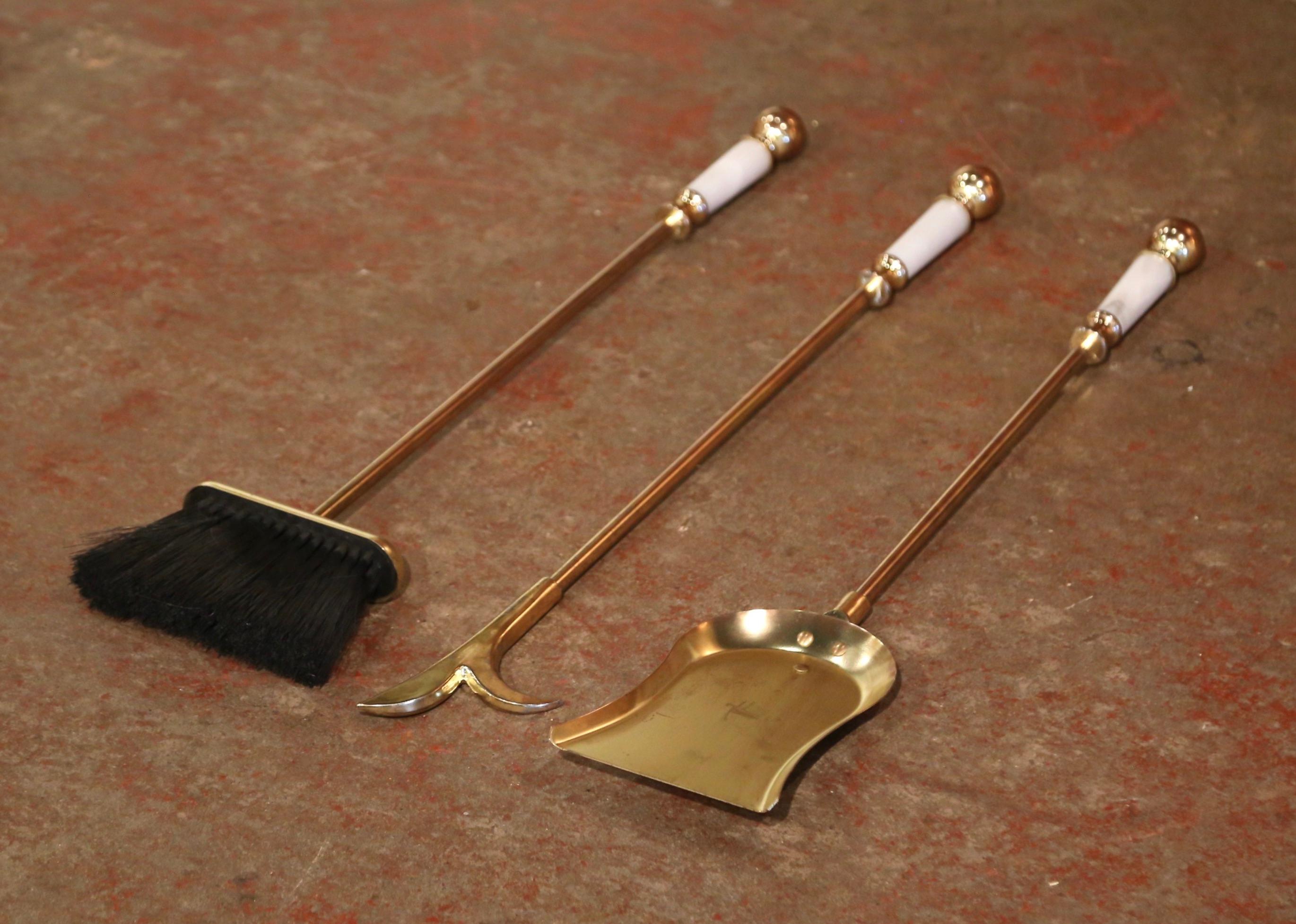 Mid-Century French Empire Brass and Marble Fireplace Tool Set on Stand 5