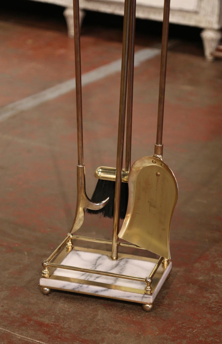 MidCentury French Empire Brass and Marble Fireplace Tool Set on Stand