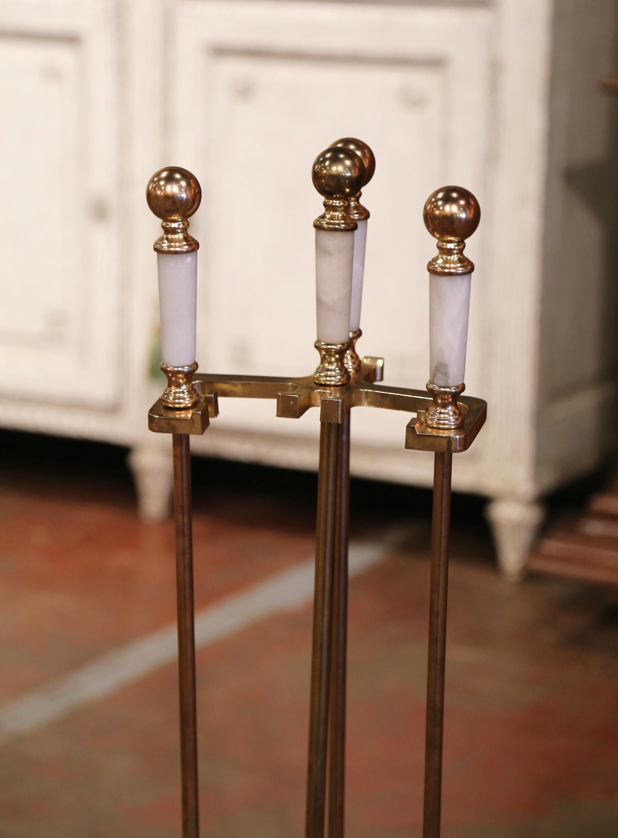 Mid-Century French Empire Brass and Marble Fireplace Tool Set on Stand In Excellent Condition In Dallas, TX