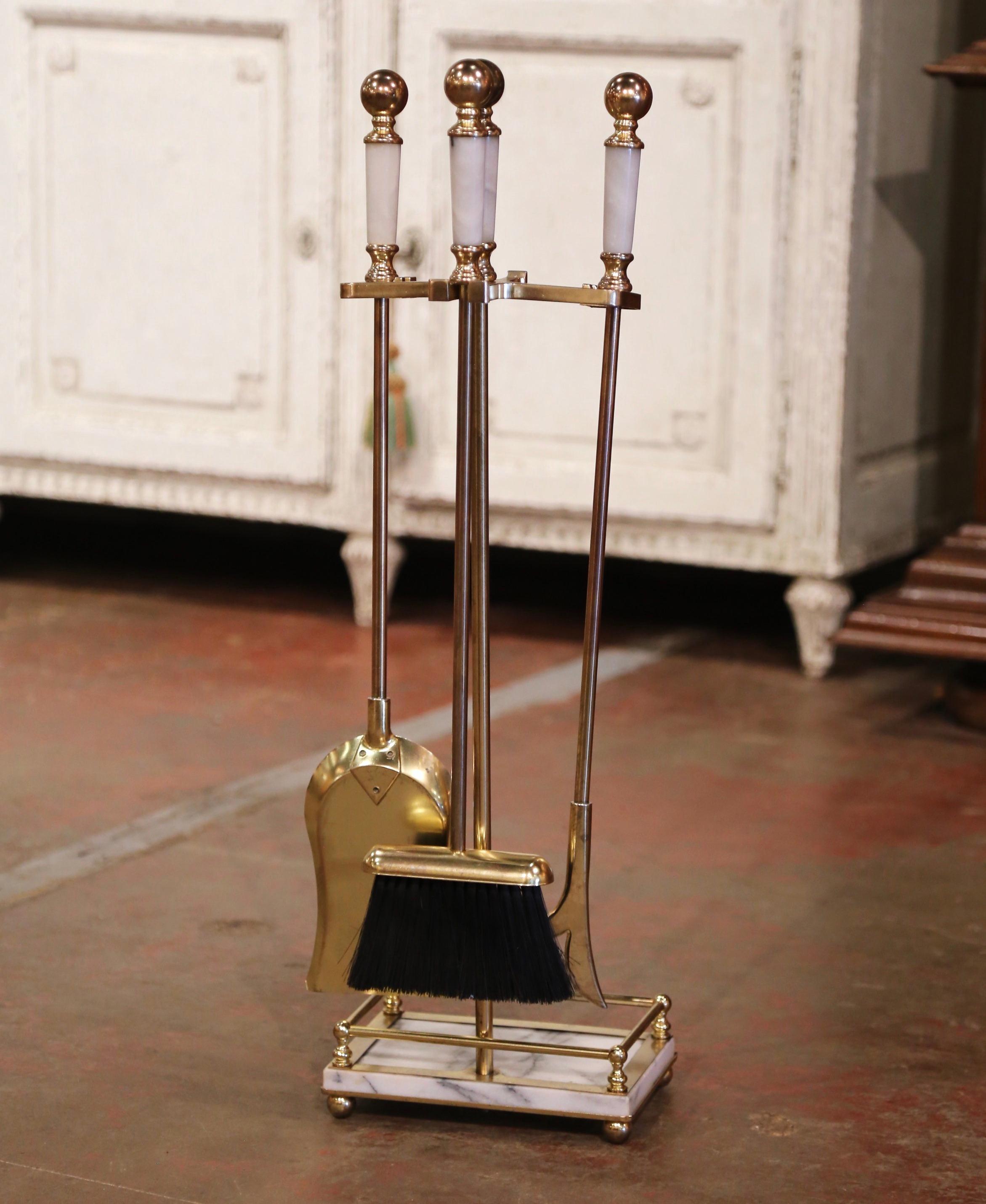 Mid-Century French Empire Brass and Marble Fireplace Tool Set on Stand 2