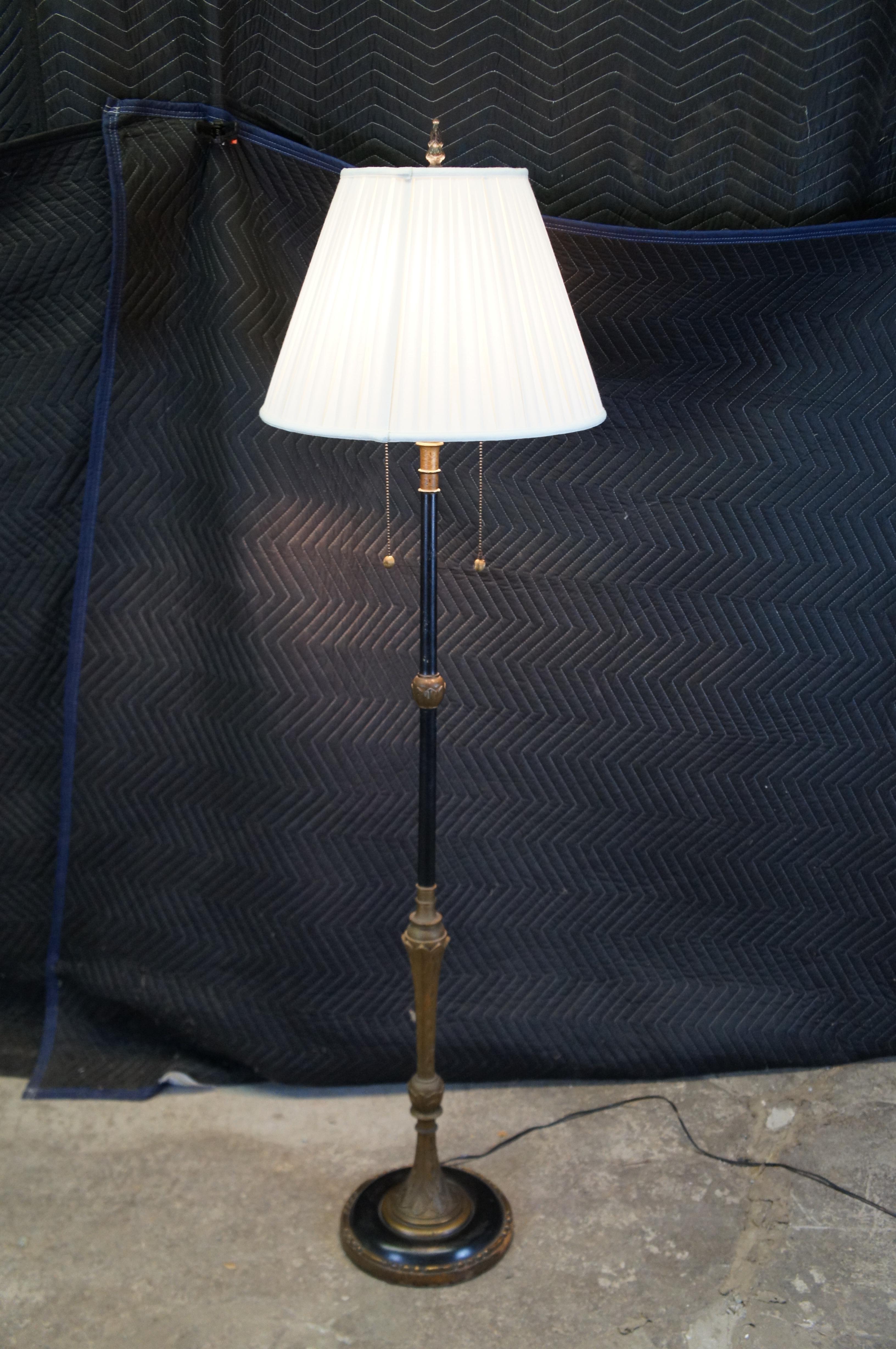 Mid Century French Empire Ebonized Gold Gilt 2 Light Library Floor Lamp 60