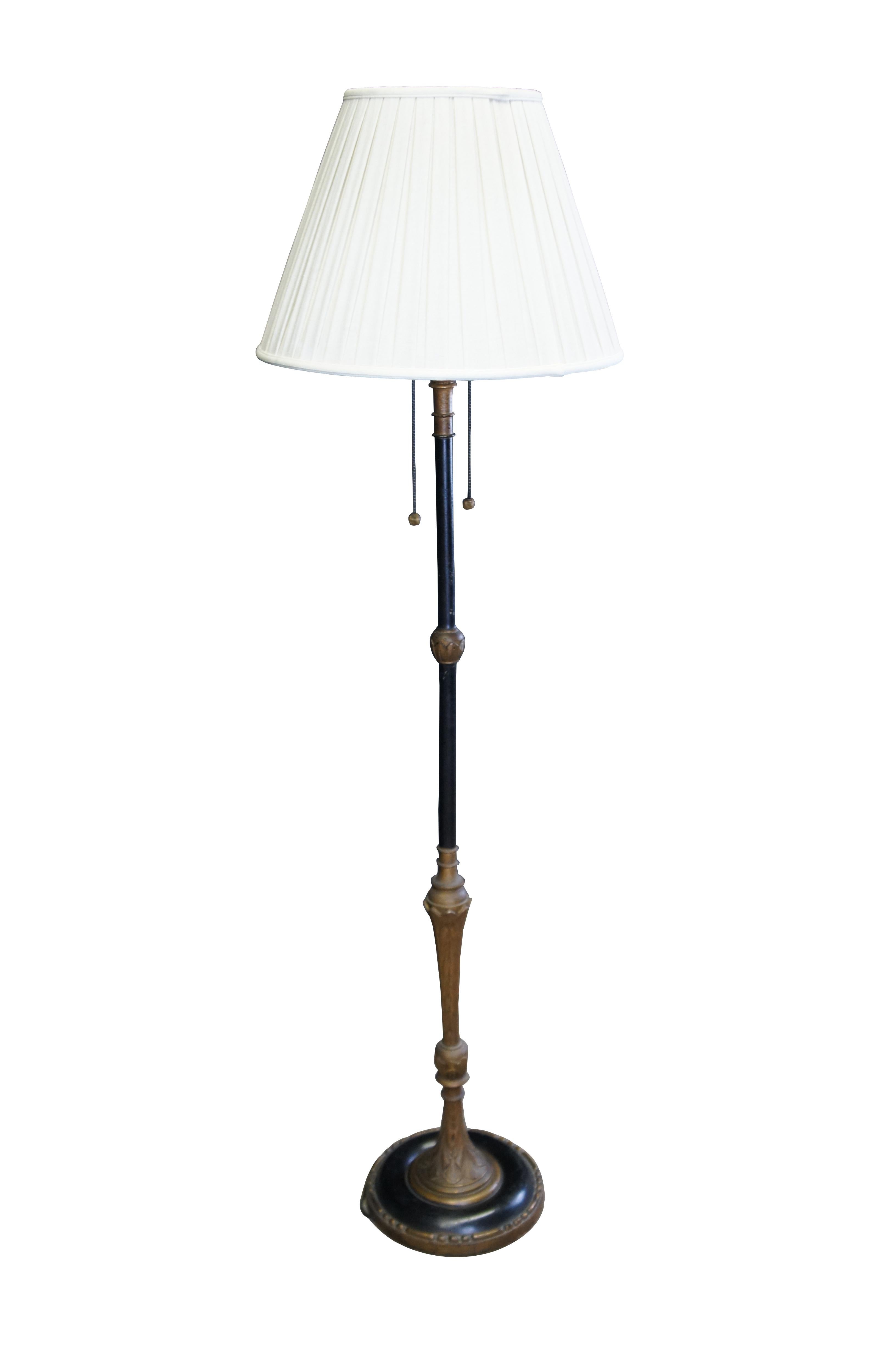 Mid Century French Empire Ebonized Gold Gilt 2 Light Library Floor Lamp 60
