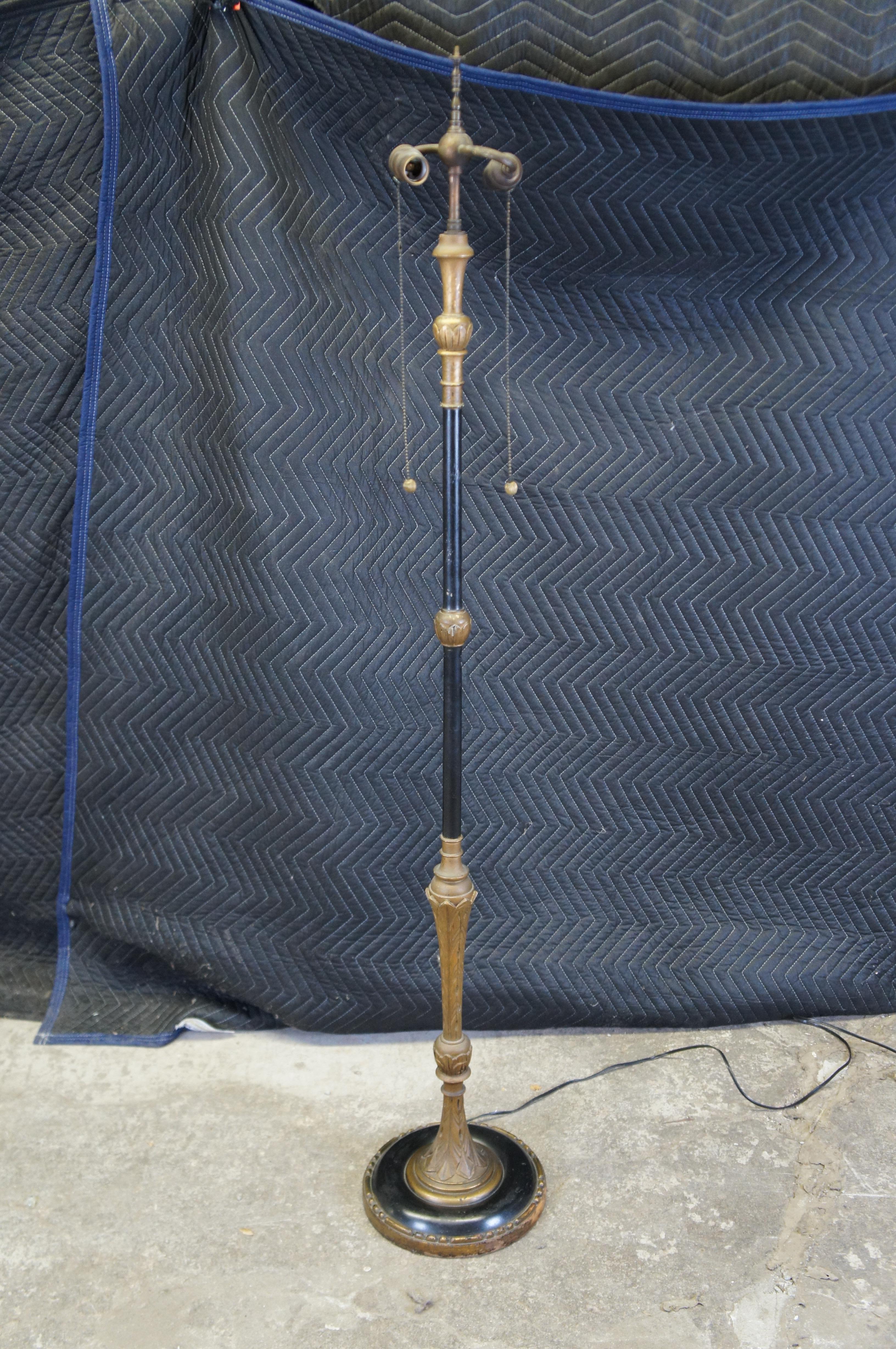 20th Century Mid Century French Empire Ebonized Gold Gilt 2 Light Library Floor Lamp 60