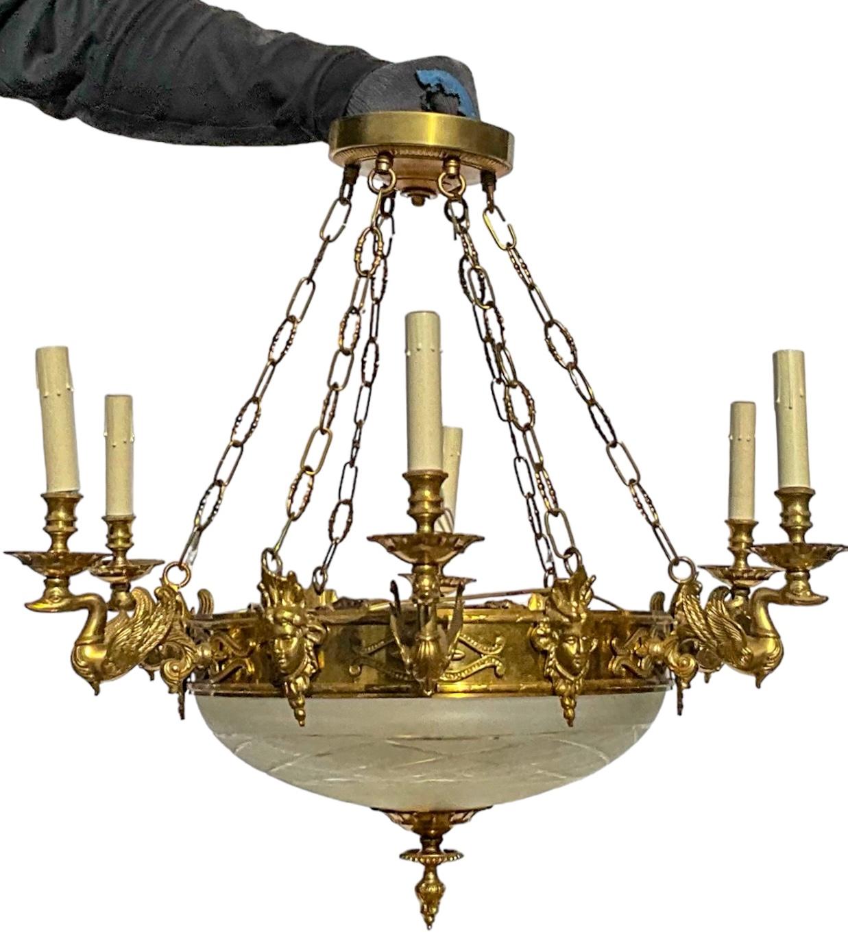 20th Century Mid-Century French Empire Neo-Classical Style Brass & Glass W/ Six Swan Arms