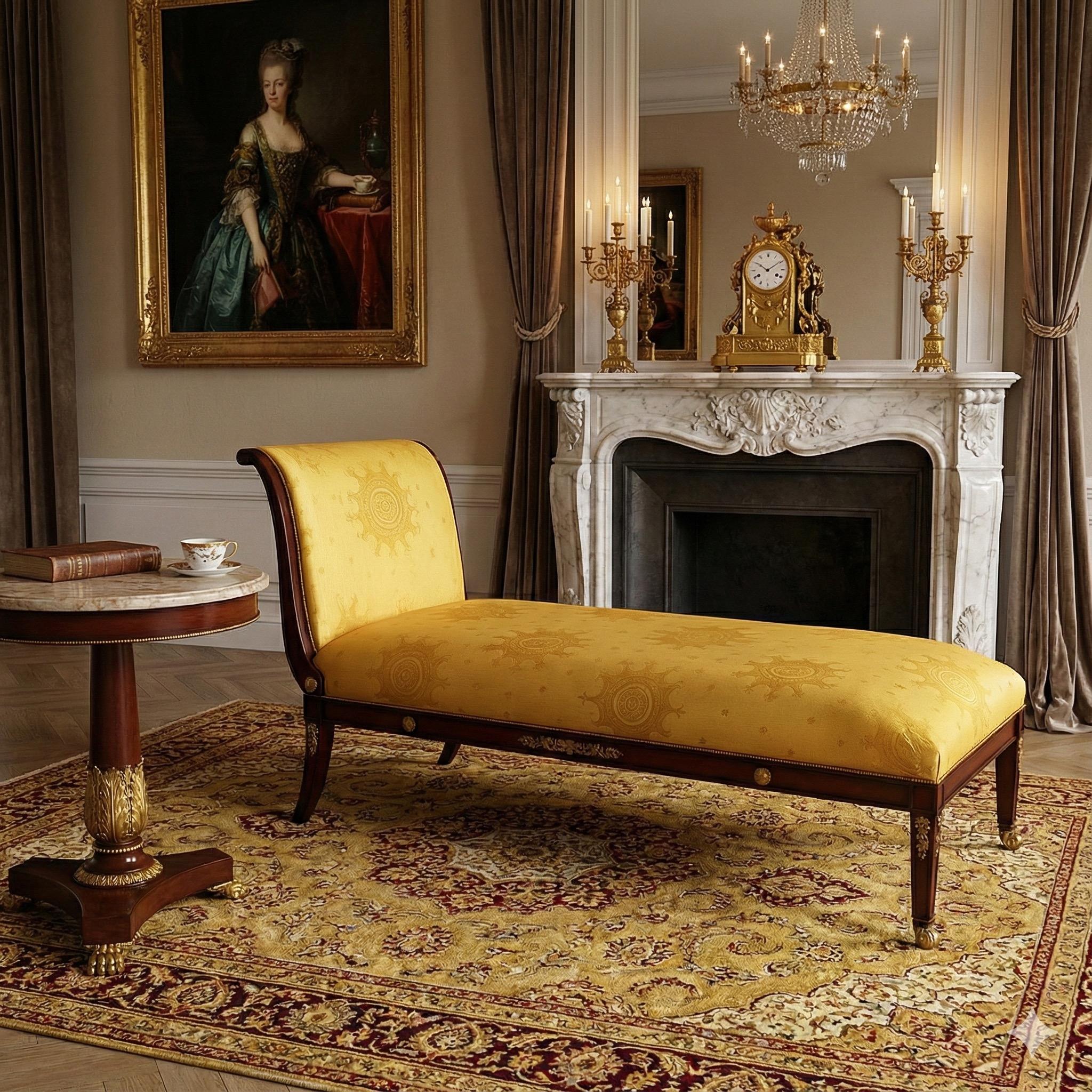 Mid-Century French Empire Style Chaise With Mahogany And Bronze Frame en vente 1