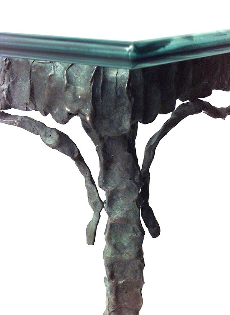20th Century Mid-Century French Etched Glass and Verdigris Bronze Dining Table For Sale