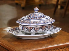 Mid-Century French Faïence Centerpiece from Rouen with Tureen, Platter and Lid