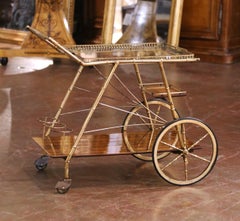 Mid-Century French Faux Bamboo Brass and Mahogany Bar Cart with Removable Tray