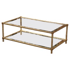 Mid-Century French Faux Bamboo Brass Two-Tier Coffee Table Jacques Adnet Style