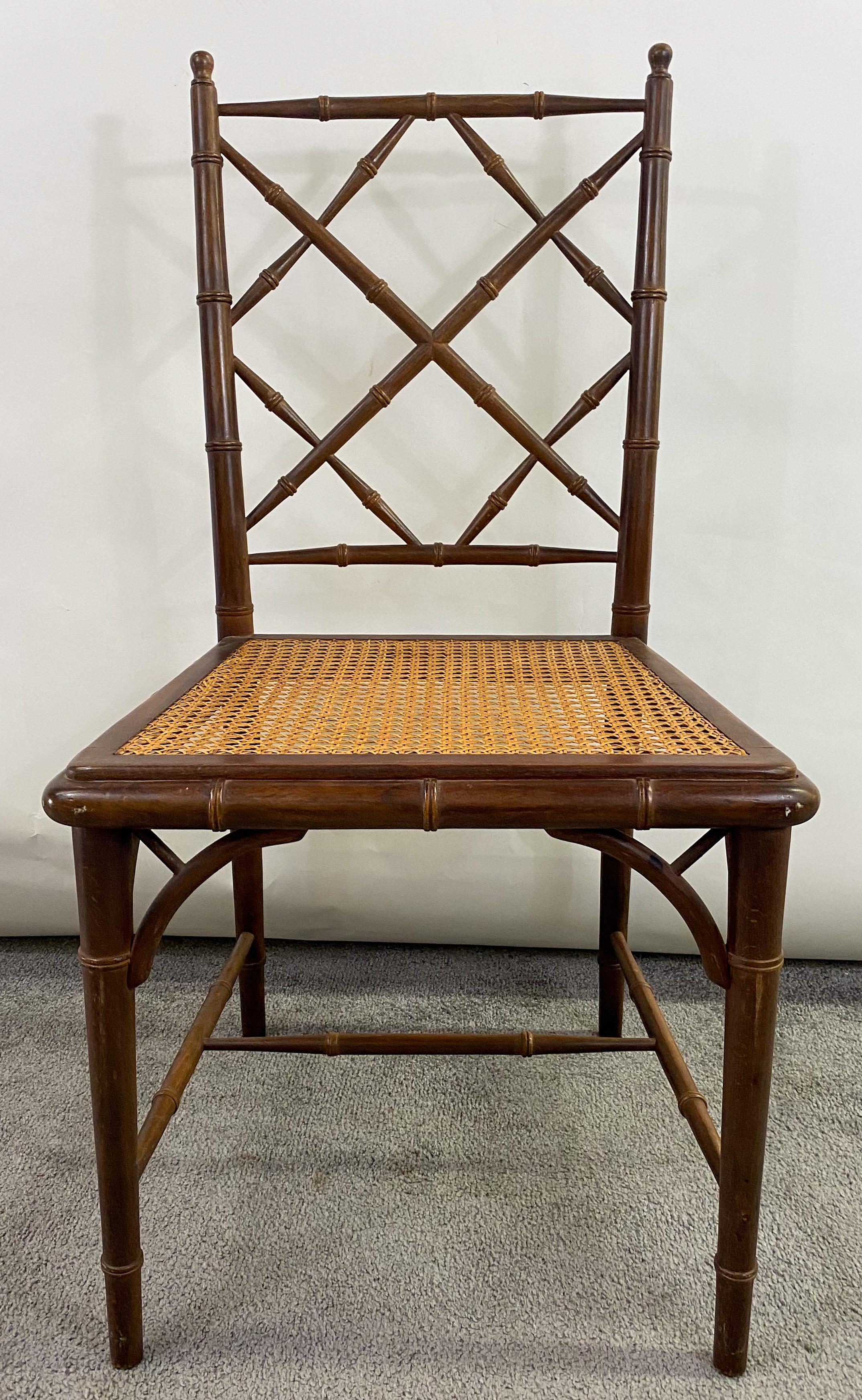 An elegant Mid-Century French Art Nouveau style desk of side chair made in faux Bamboo design . The back of the chair features beautiful diamonds design and the seat is made of wicker. The chair will look great in a working space or as a side or