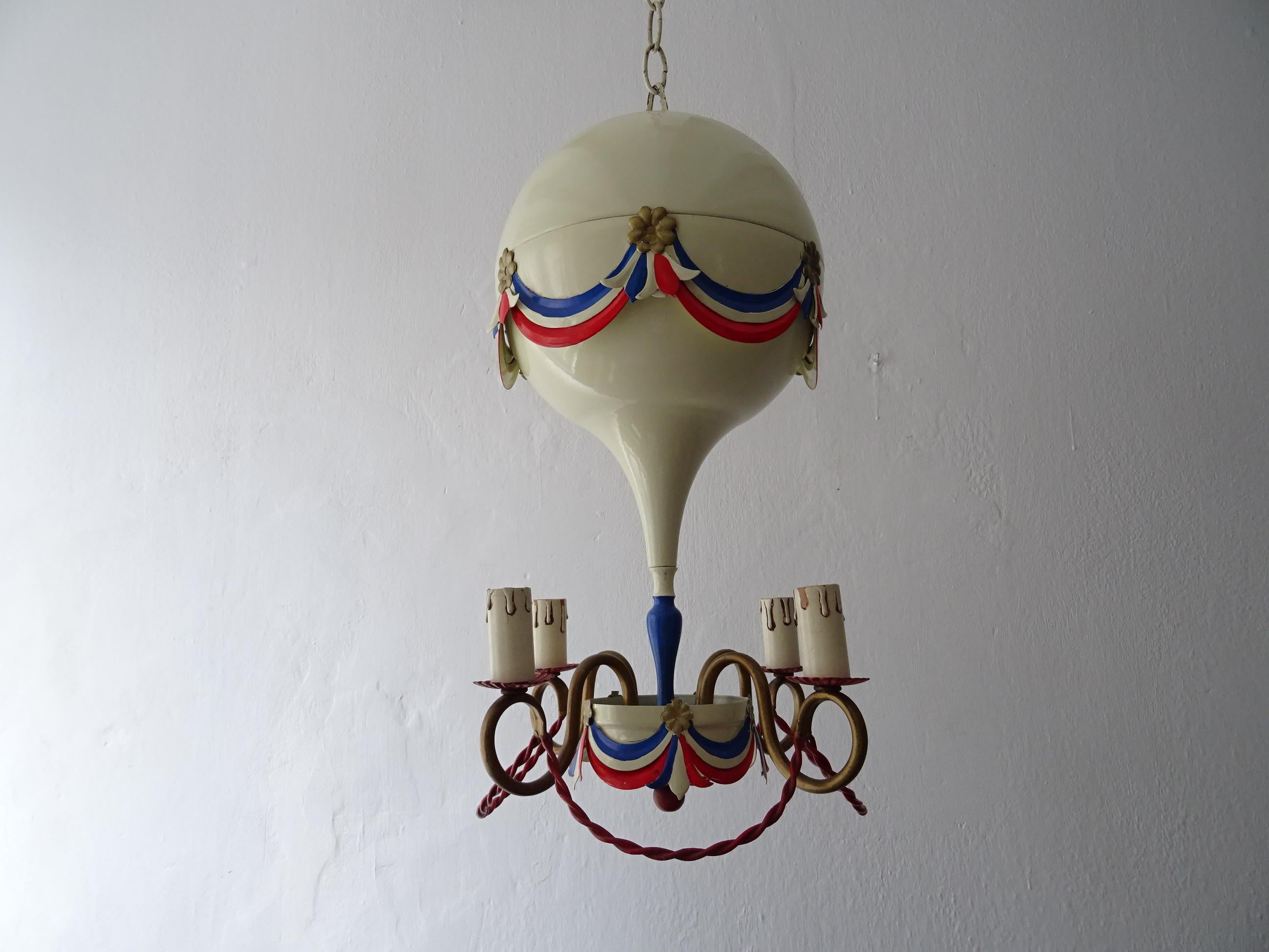 Metal Mid-Century French Flag Tole Hot Air Balloon Chandelier, circa 1950 For Sale