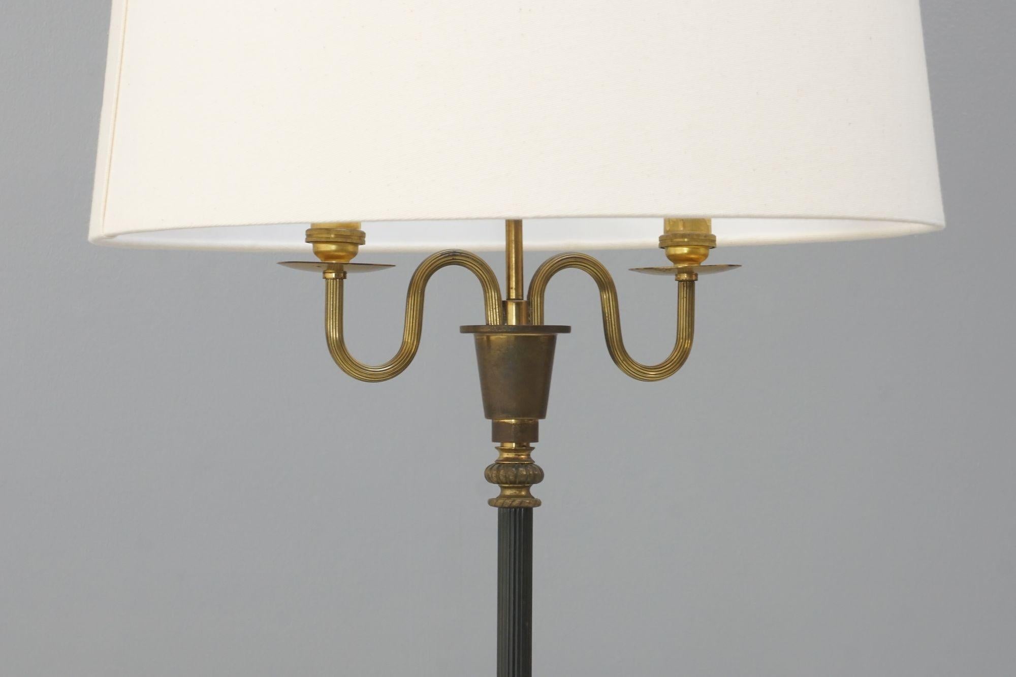 Mid Century French Floor Lamp, Blackened Steel with Brass Dtail For Sale 1