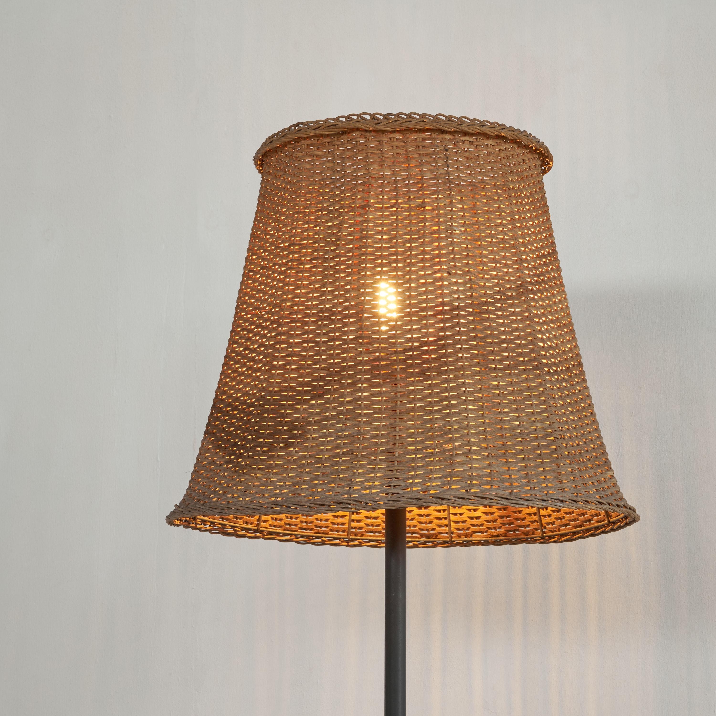 Mid Century French Floor Lamp in Metal and Rattan, 1950s 1