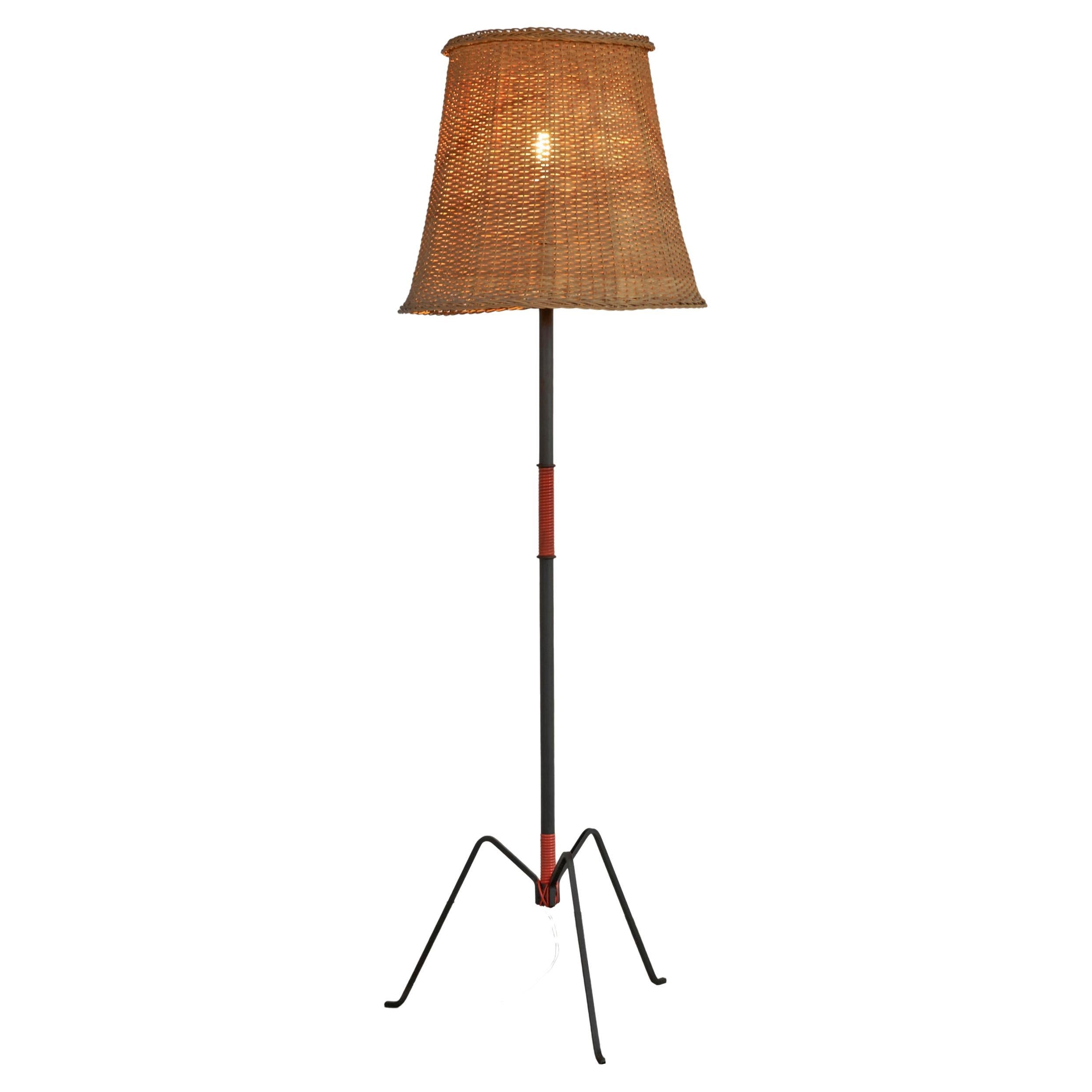 Mid Century French Floor Lamp in Metal and Rattan, 1950s