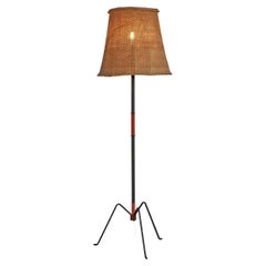 Mid Century French Floor Lamp in Metal and Rattan, 1950s