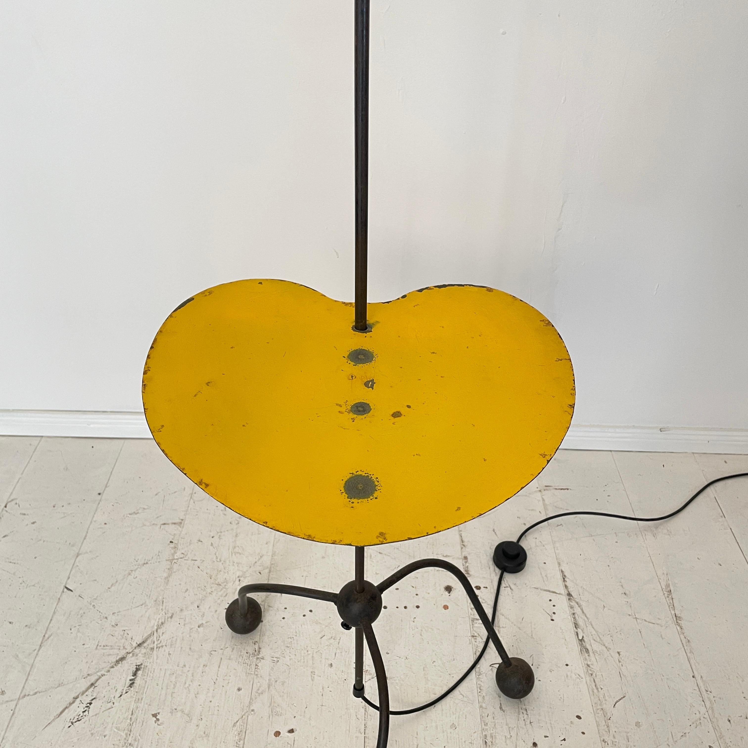 Mid-Century Modern Mid-Century French Floor Lamp Made of Black Metal with Yellow Fabric Shade, 1950 For Sale